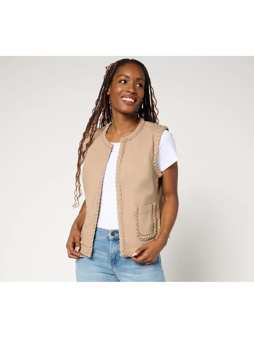 LOGO by Lori Goldstein Denim Vest with Braided Trim Silver Mink Small
